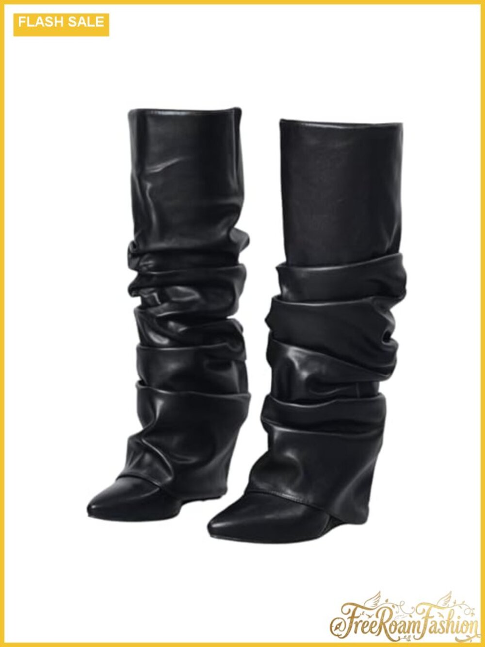 Patent Leather Knee High Boots Slouched Ruched Wedge Wide Calf